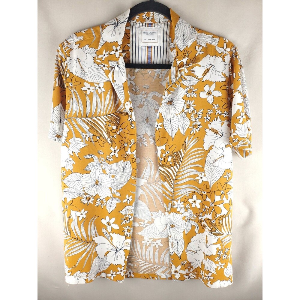 Denim & Flower Streetwear Button Up Shirt Mustard Yellow & White Hawaiian Size S